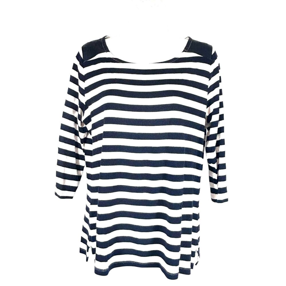 Tommy Hilfiger L Knit Top Faux Leather Yokes Navy Blue White Stripes 3/4 Sleeve